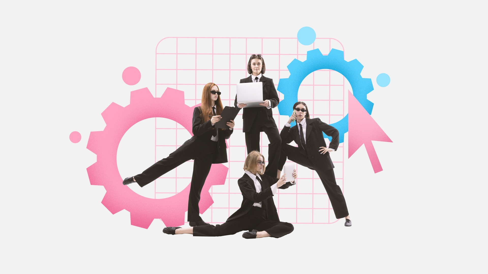 Poster. Contemporary art collage. Creative modern artwork. Team of officially dressed women, leaders with gadgets against background with gearwheels.